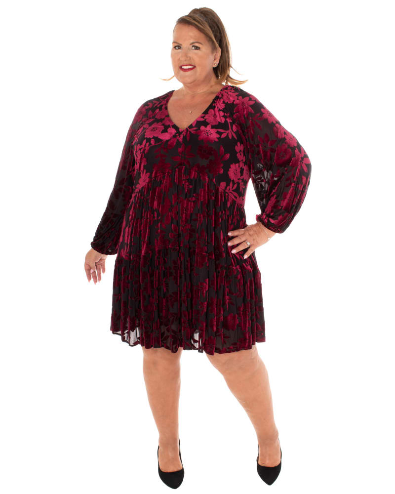 Front of a model wearing a size 20 ICY VELVET BURNOUTSILKY DENIER FULLY LINED DRESS in BLACK/RUBY by Taylor Dress. | dia_product_style_image_id:319325